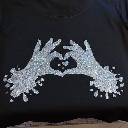 XSmall - Black Cropped Tee - Heart hands - Glitter: silver