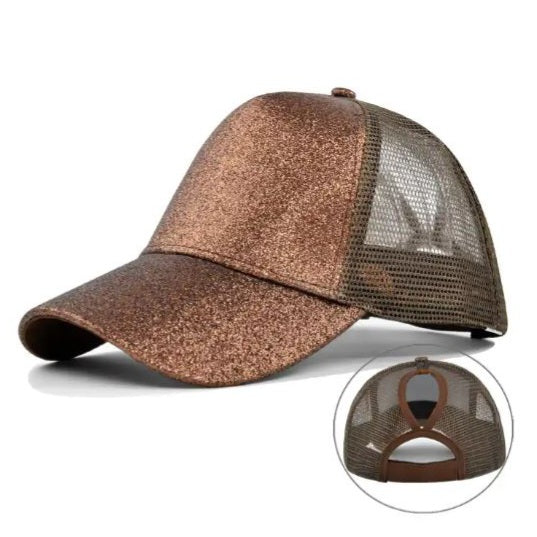 Ponytail Cap - Brown glitter w. brown net