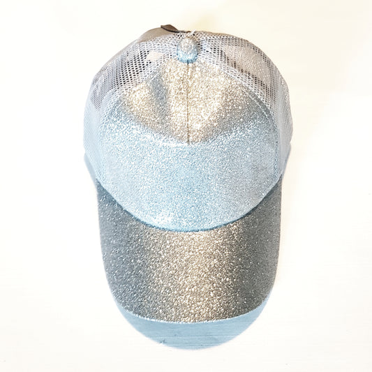 Ponytail Cap - Sølv glimmer  m. gråt net