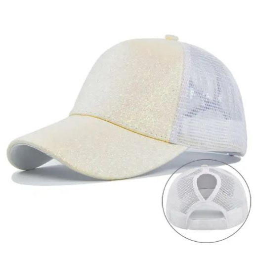 Ponytail Cap - Off-white glitter w. white mesh