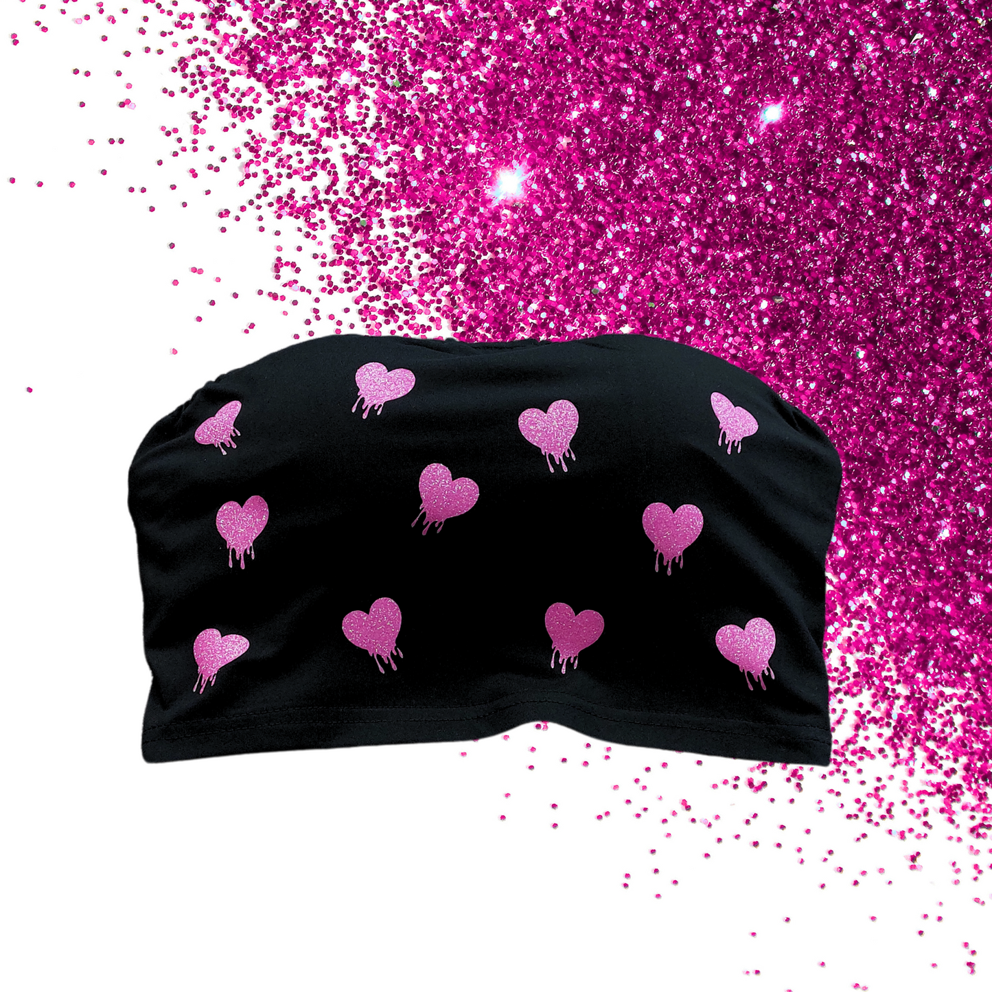 Small - Bandeau BoobTube - Drippy Hearts - Glimmer: neon pink