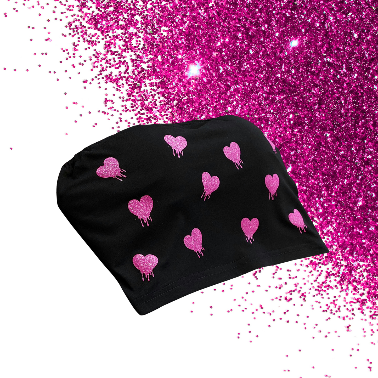Small - Bandeau BoobTube - Drippy Hearts - Glimmer: neon pink