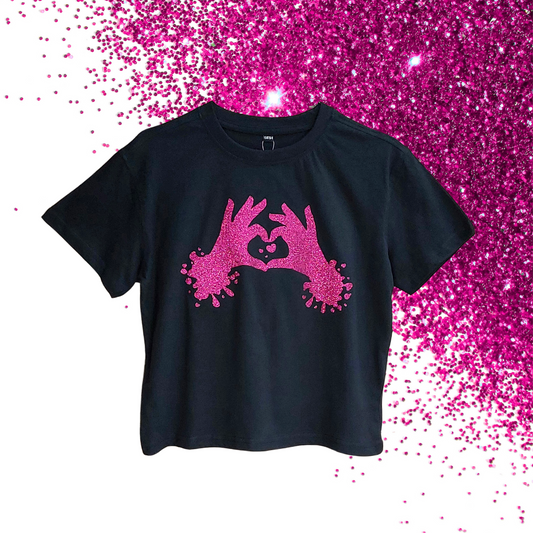 EUR 158/164 - Baby Tee - Heart hands - Glimmer: hot pink