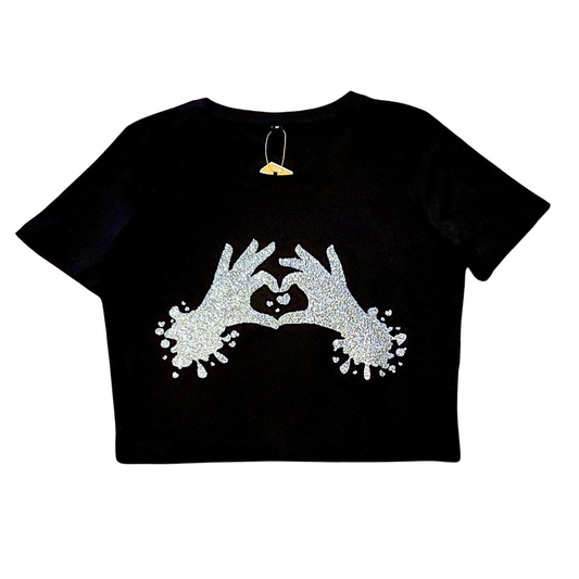 XSmall - Black Cropped Tee - Heart hands - Glitter: silver