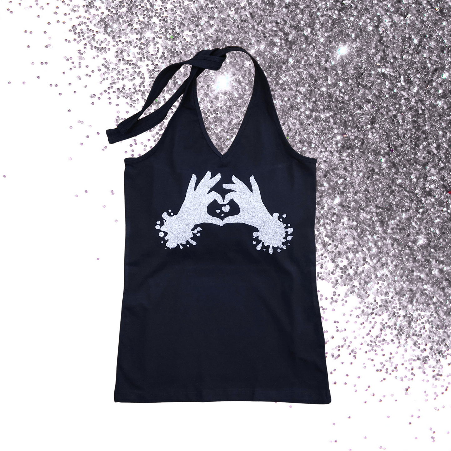 Small - Halterneck Top - Heart Hands - Glitter: silver