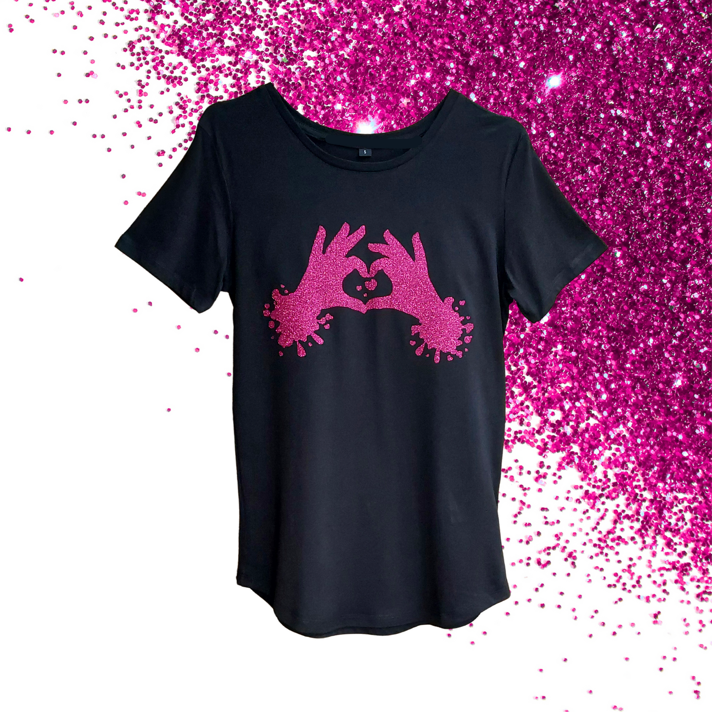 Small - Round Hem Tee - Heart Hands - Glitter: hot pink