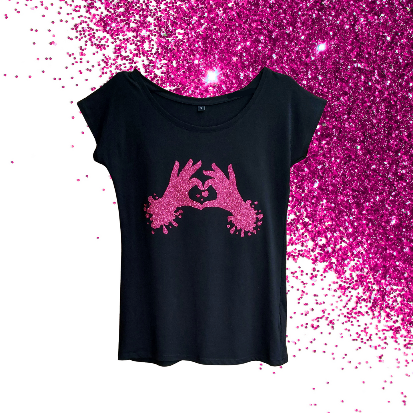 Small - Wide Neck Tee - Heart Hands - Glimmer: hot pink