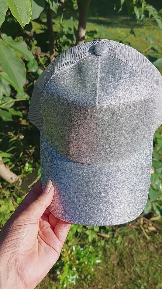 Ponytail Cap - Sølv glimmer  m. gråt net
