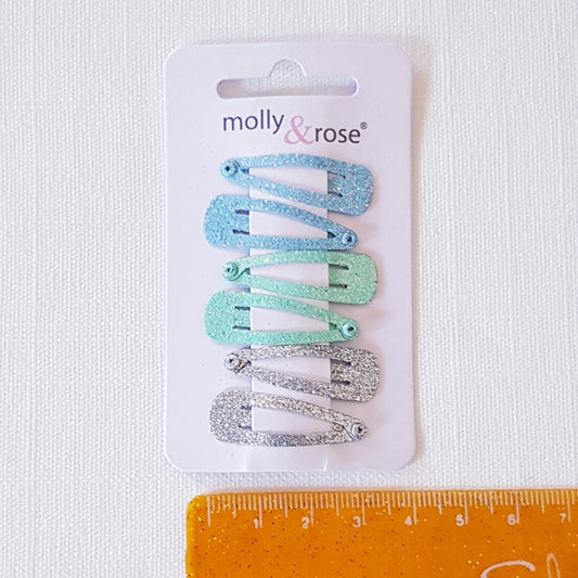Molly & Rose - Hårklemmer 6 stk. - Pastelfarvet Glitter Blå Grøn Sølv