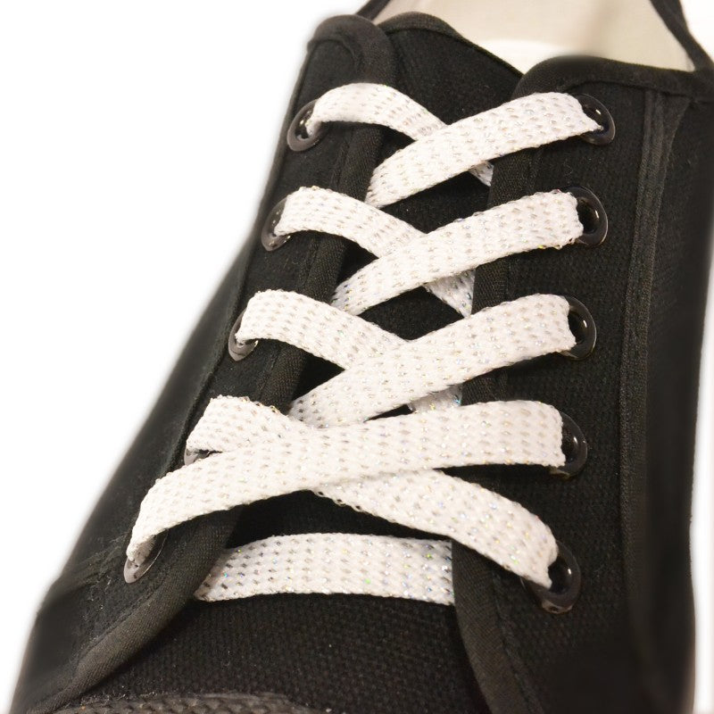 Snørebånd - Hvid med Sølv Glitter - Flad - 100 cm