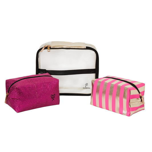 Sæt 3x make-up tasker - Kombi Glitter Hot Pink & Metallisk Guld