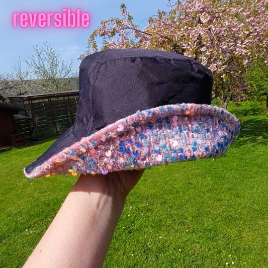 Bucket Hat med Pailletter - Hvid reversible (Onesize)
