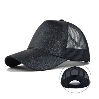 Ponytail Cap - Black glitter w. black net