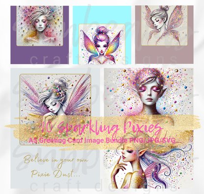 Clipart: 10 Sparkling Pixies - A5 Greeting Card Image Bundle