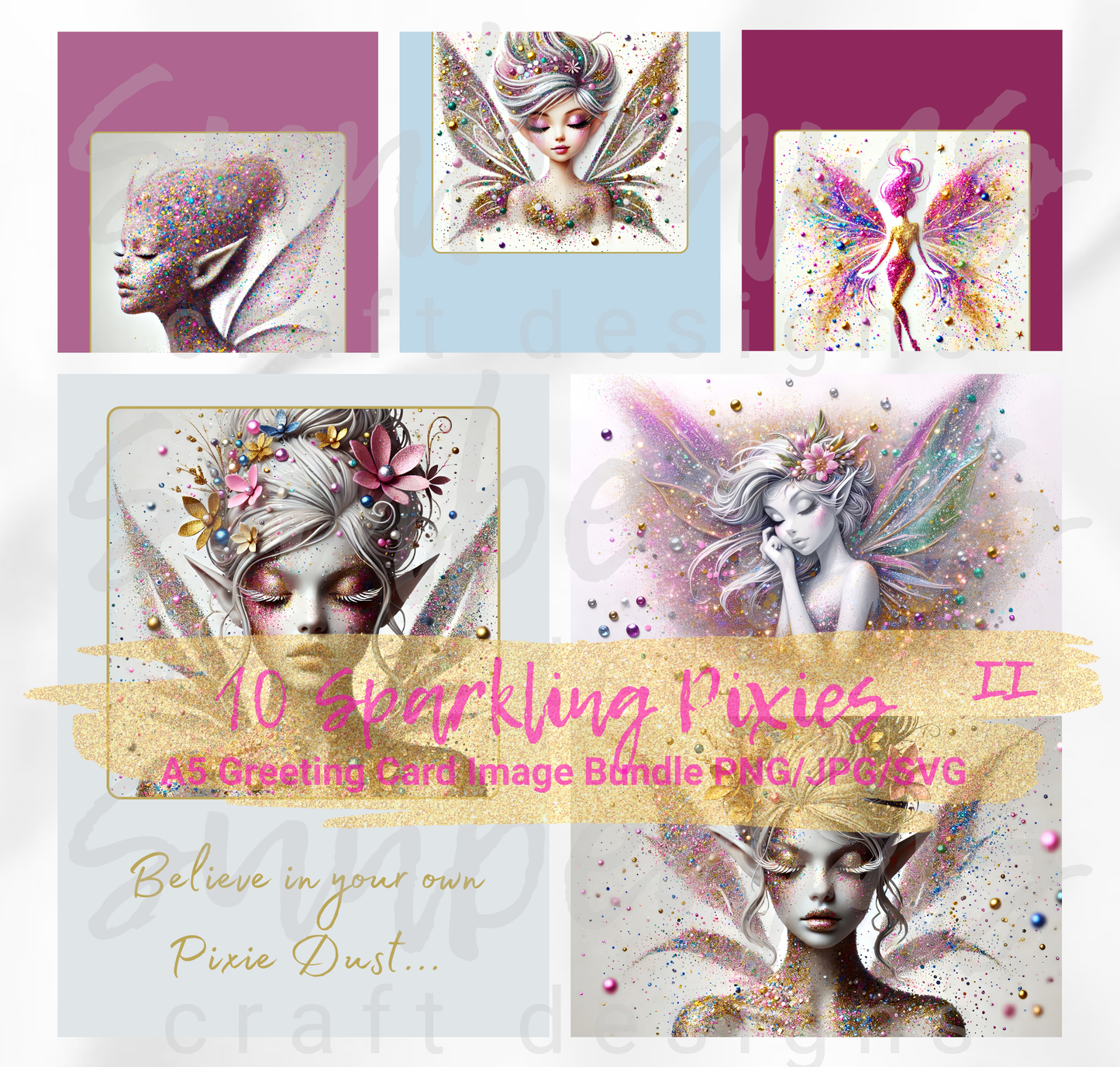 Clipart: 10 Sparkling Pixies II - A5 Greeting Card Image Bundle