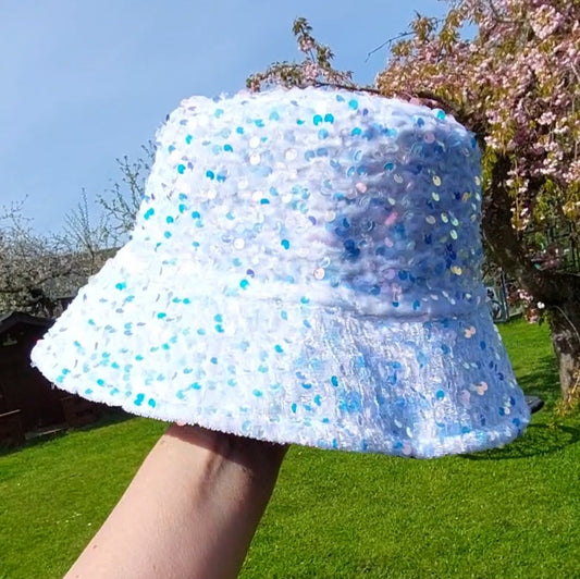 Bucket Hat med Pailletter - Hvid reversible (Onesize)