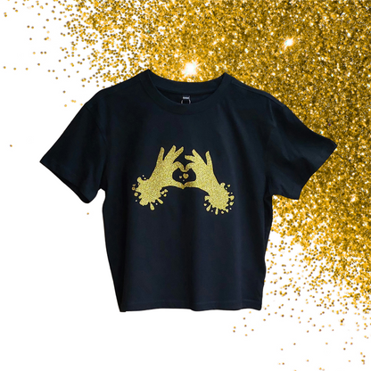 EUR 158/164 - Baby Tee - Heart hands - Glitter: gold