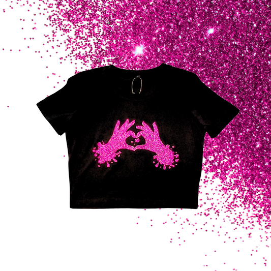 Small - Baby Tee - Heart hands - Glitter: hot pink