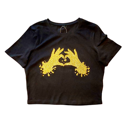 Large - Black Cropped Tee - Heart hands - Glitter: gold