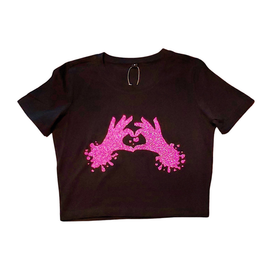 Small - Black Cropped Tee - Heart hands - Glitter: hot pink