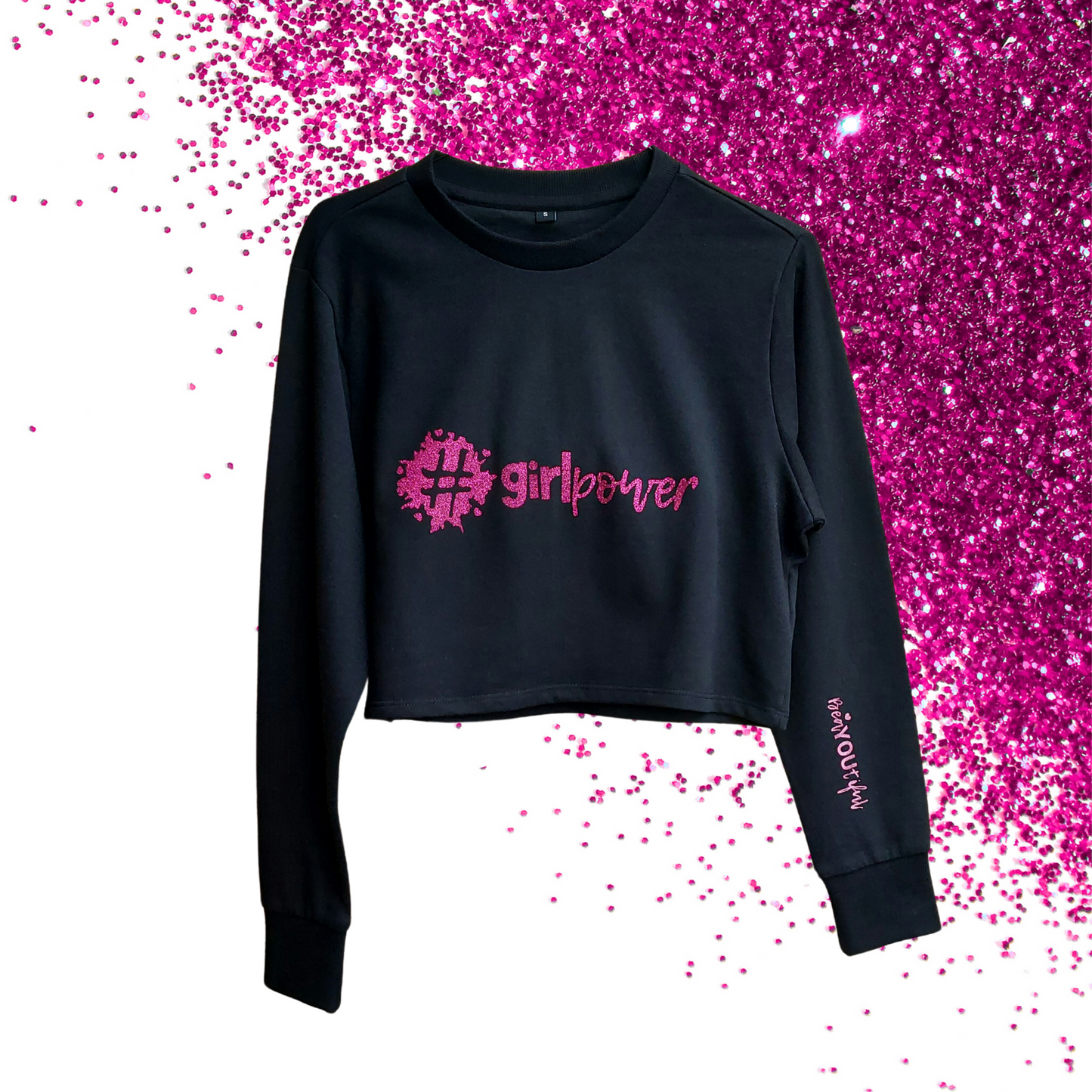 Small - Cropped sweat - #girlpower - Glitter: hot pink