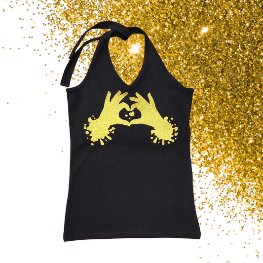 Medium - Halterneck Top - Heart hands - Glitter: gold