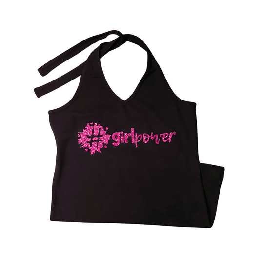 Small - Black Halterneck Top - #girlpower - Glitter: hot pink
