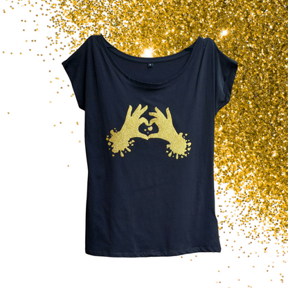 Medium - Wide Neck Tee - Heart Hands - Glitter: gold