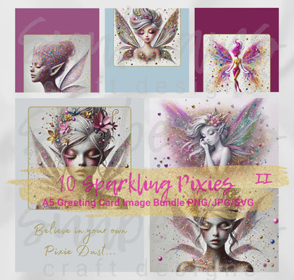 Clipart: 10 Sparkling Pixies II - A5 Greeting Card Image Bundle