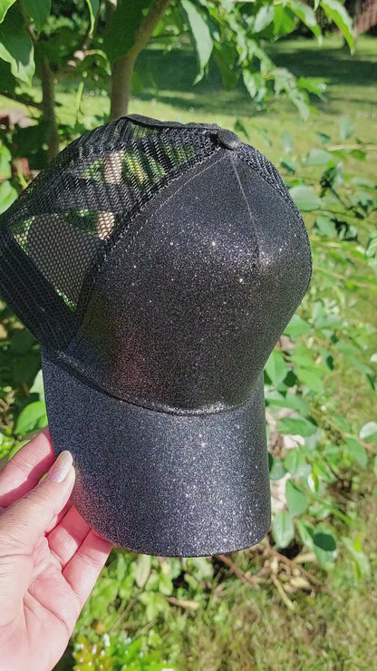 Ponytail Cap - Black glitter w. black net