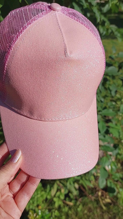 Ponytail Cap - Pink Glitter w. pink net