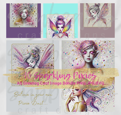 Clipart: 10 Sparkling Pixies - A5 Greeting Card Image Bundle