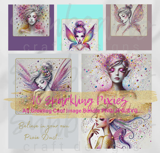 Clipart: 10 Sparkling Pixies - A5 Greeting Card Image Bundle