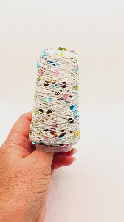 Garn - 50g - Touch of Sparkle - Hvid med multifarvede pailletter