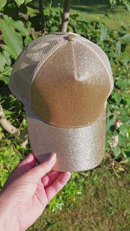 Ponytail Cap - Gold glitter w. beige net