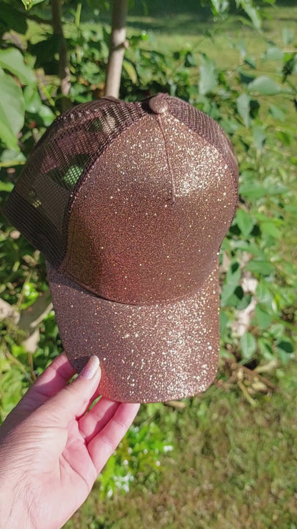 Ponytail Cap - Brown glitter w. brown net