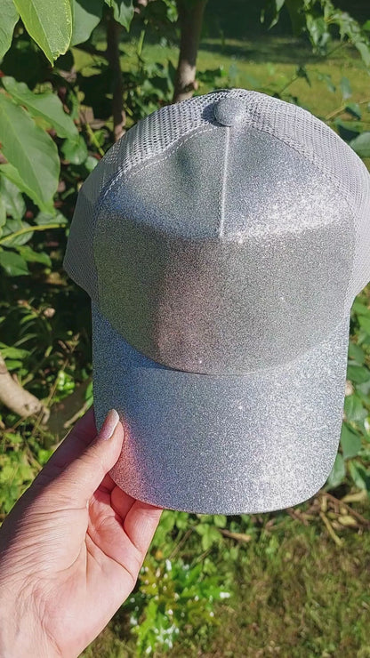 Ponytail Cap - Silver glitter w. gray net
