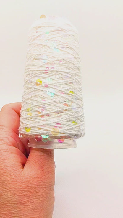 Garn - 50g - Touch of Sparkle - Hvid med irridescent, transparente pailletter