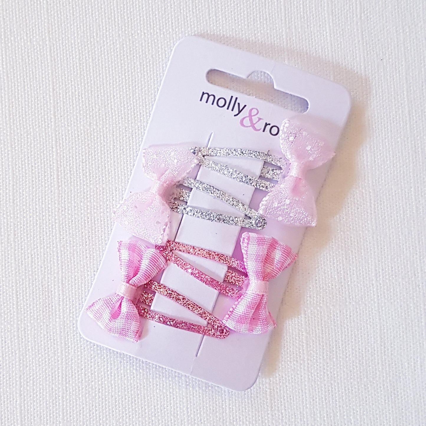 Molly & Rose - Hair clips 4 pcs. - Bow w. Check &amp; Shimmer Dots Pink/Silver