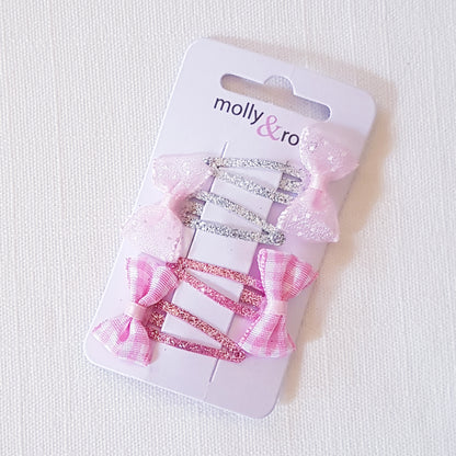 Molly & Rose - Hair clips 4 pcs. - Bow w. Check &amp; Shimmer Dots Pink/Silver