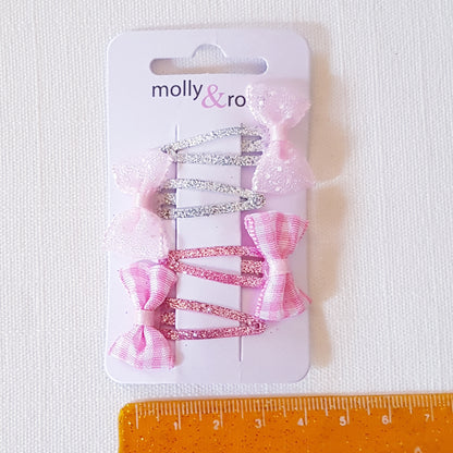 Molly & Rose - Hair clips 4 pcs. - Bow w. Check &amp; Shimmer Dots Pink/Silver