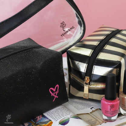 Set of 3 make-up bags - Combi Glitter Black & Gold